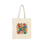 Choose Joy Floral Tote Bag — Retro Smiley Cotton Canvas Market Tote