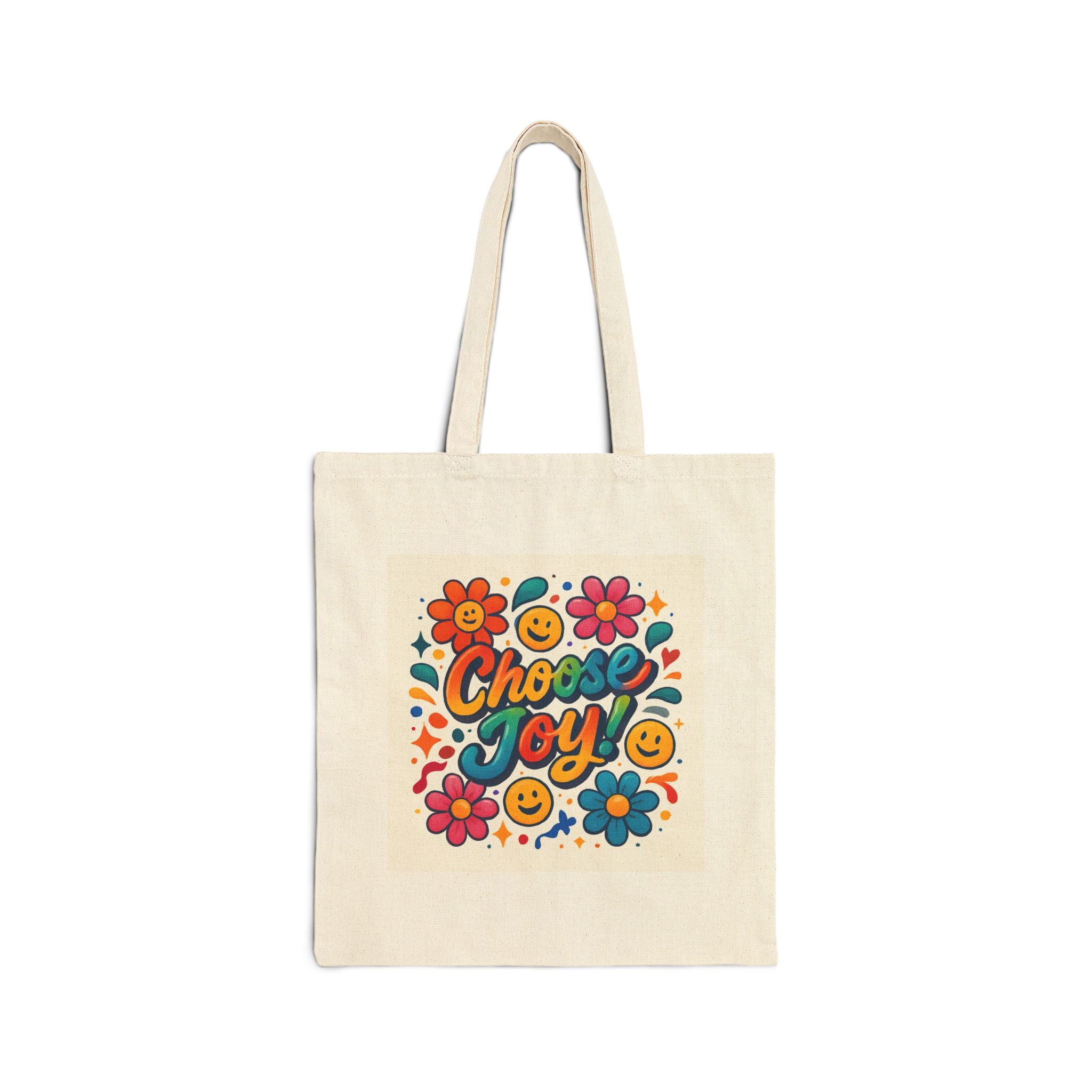 Choose Joy Floral Tote Bag — Retro Smiley Cotton Canvas Market Tote