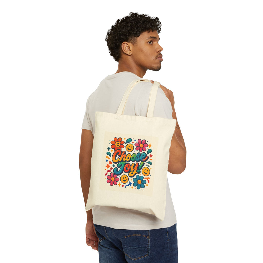 Choose Joy Floral Tote Bag — Retro Smiley Cotton Canvas Market Tote