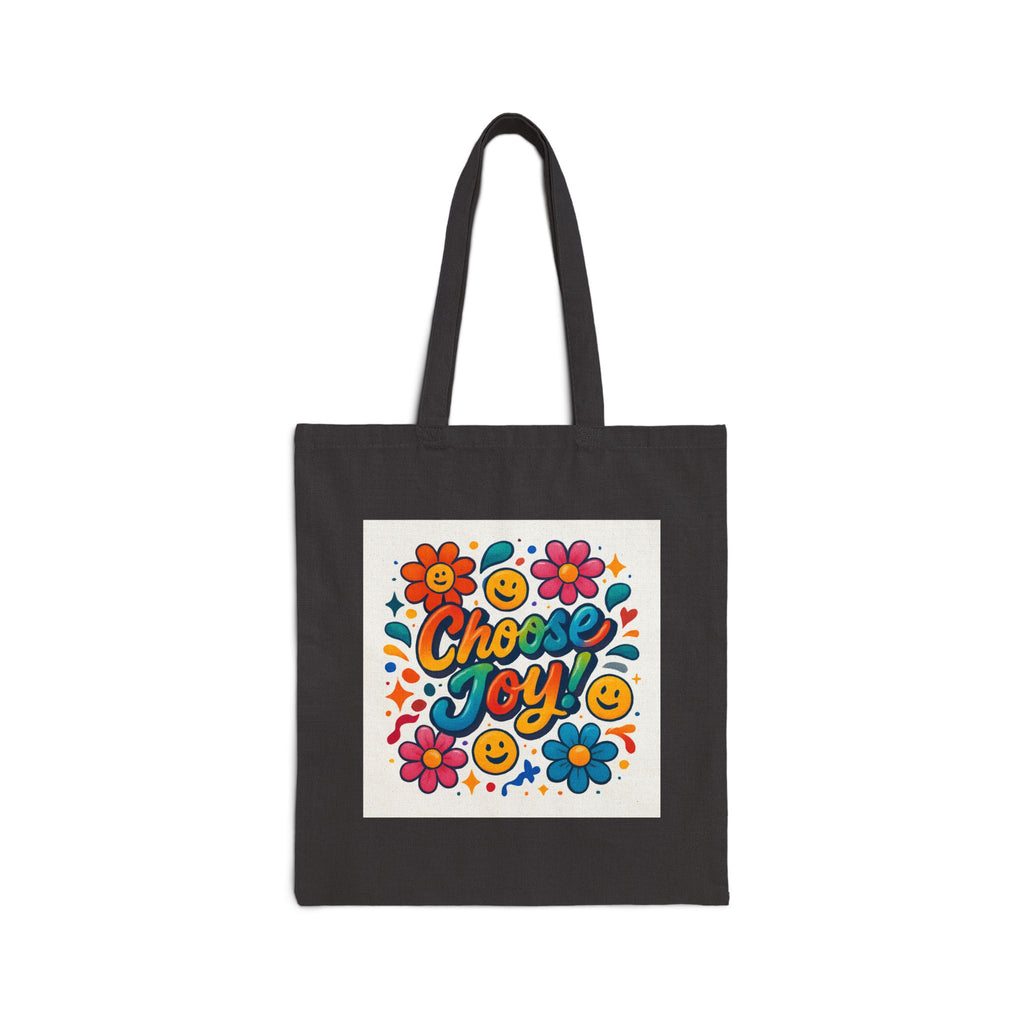 Choose Joy Floral Tote Bag — Retro Smiley Cotton Canvas Market Tote